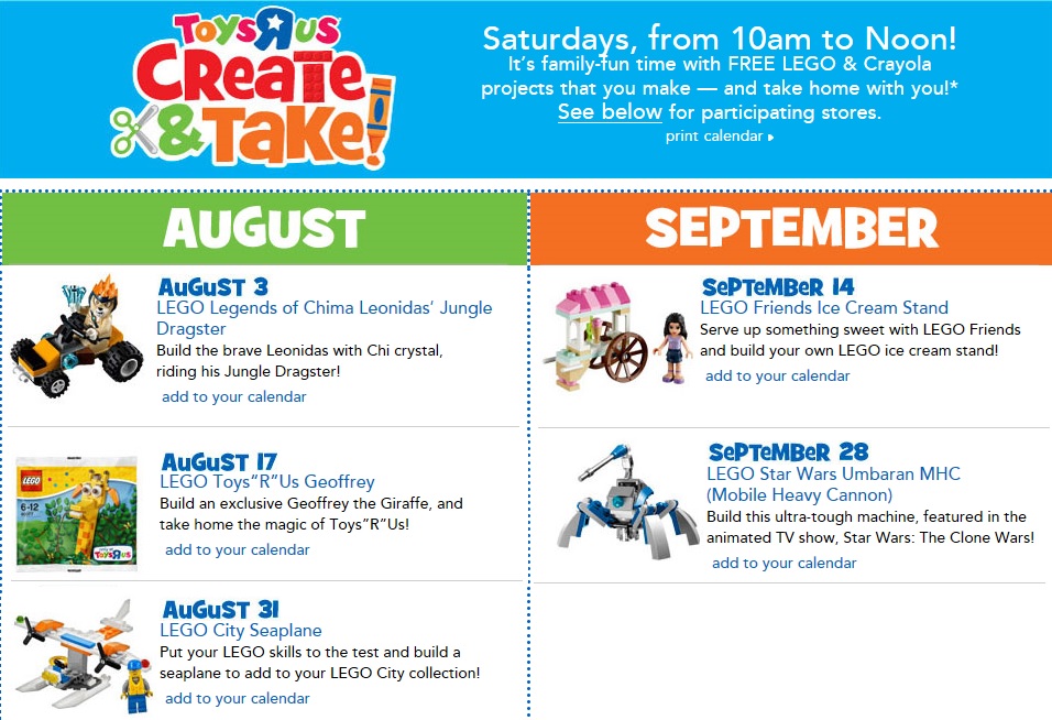 ToysRUs 2013 August & September FREE LEGO Create & Take Event