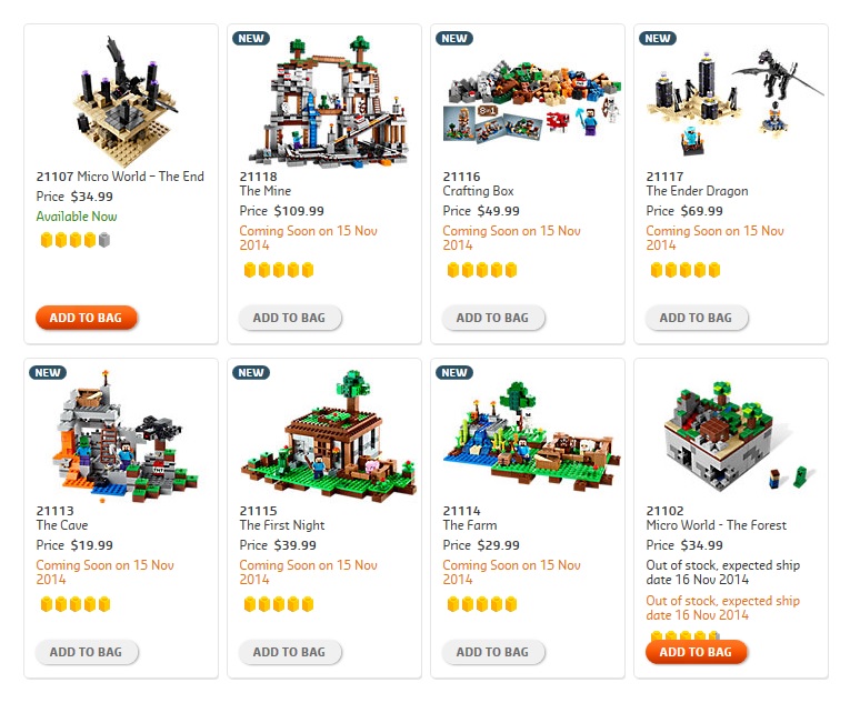 2014 November LEGO Minecraft Sets 21118 21117 21116 21115 21114 21113 - Toysnbricks