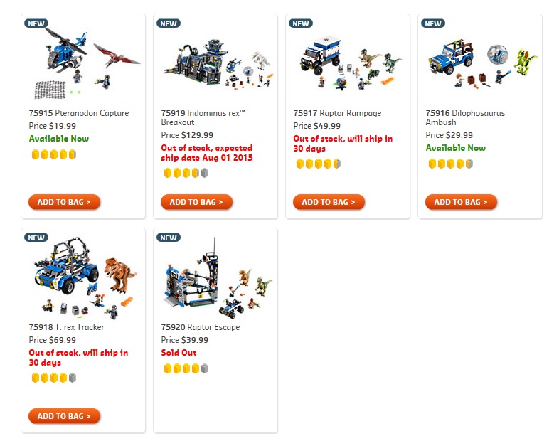 LEGO Jurassic World 75915 75916 75917 75918 75919 75920 Availability July 2015 Sold Out