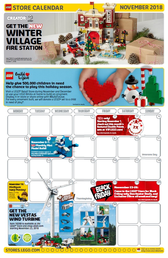 November 2018 LEGO Brand Retail Store Calendar Toys N Bricks