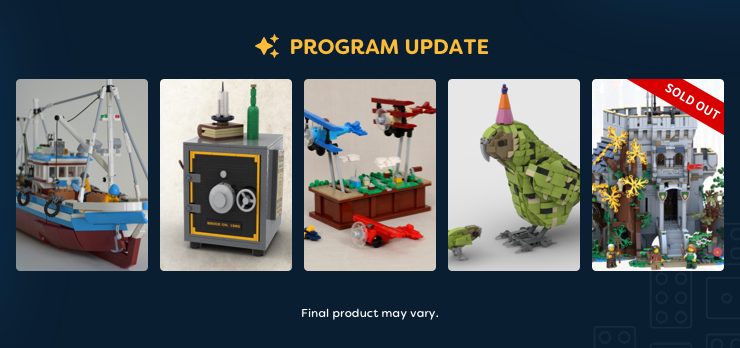 LEGO Bricklink Designer Program Round 1 Crowdfunding Castle in the Forest, Sheriff's Safe, Pursuit of Flight, Kakapo, and the Great Fishing Boat