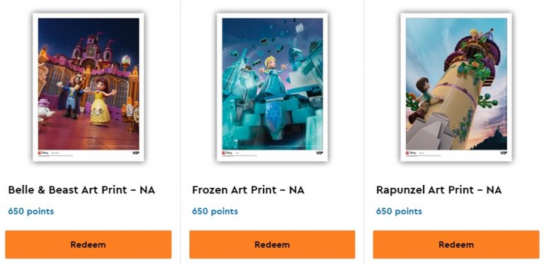 LEGO VIP Rewards Center Art Prints Belle & Beast, Frozen and Rapunzel Disney 2021