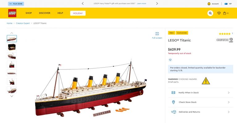 LEGO Shop at Home Creator Expert 10294 Titanic Ship Listing Page Backorders Pre-Order Sold Out Release Date