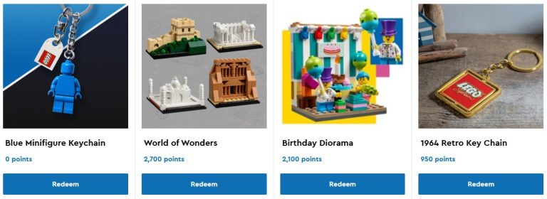 LEGO VIP Rewards Center June 2023 - Blue Minifigure Keychain, World of Wonders, Birthday Diorama and 1964 Retro Key Chain
