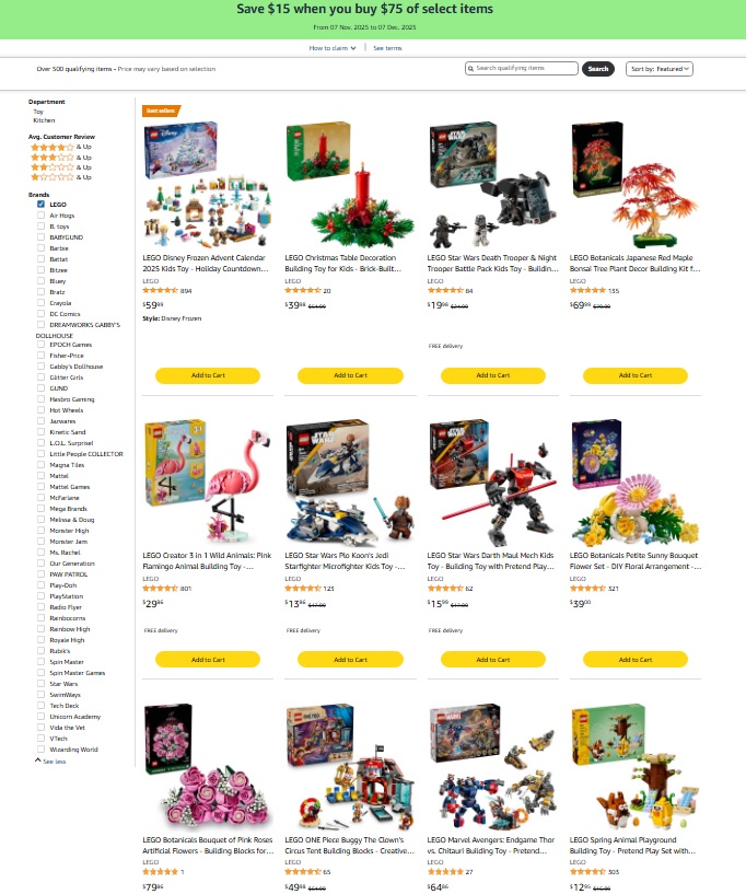 Lego List Amazon Canada Extra $15 off $75 on 33 LEGO Sets (Promo Stackable with ...